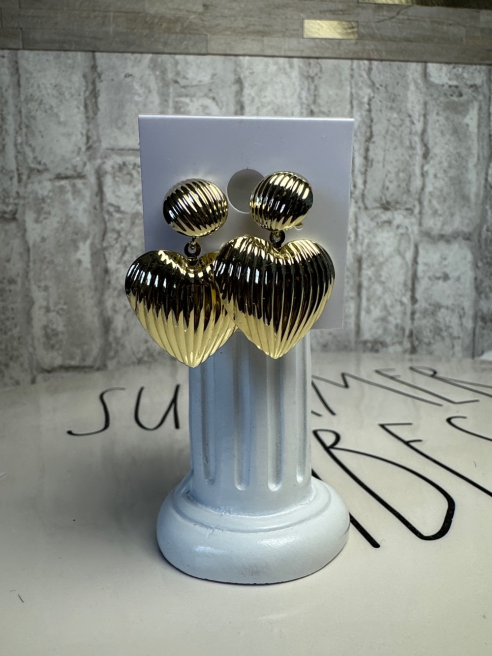 Gold Heart Drop Earrings - Elegant Ribbed Design